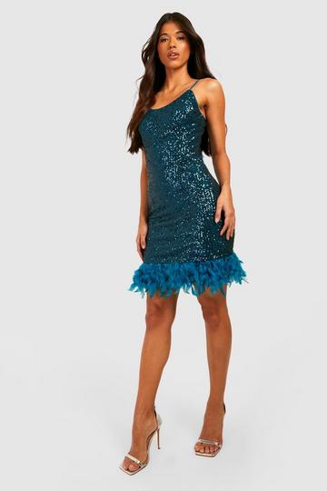 Tall Sequin Feather Trim Strappy Dress teal