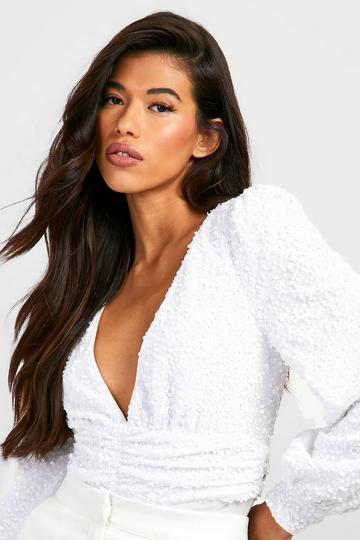 Tall Sequin Velvet Plunge Bodysuit white