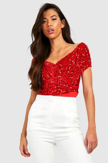 Tall Sequin Velvet Off The Shoulder Bodysuit red