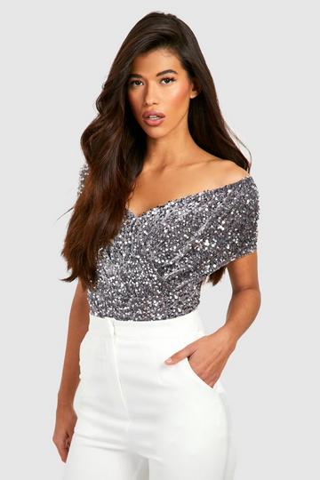 Tall Sequin Velvet Off The Shoulder Bodysuit silver