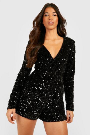 Tempo Black Sequin Long Sleeve Belted Romper