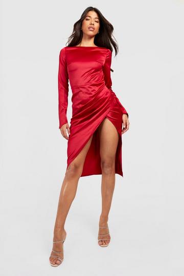 Burgundy Red Tall Open Back Diamante Trim Satin Midi Dress