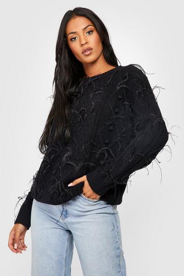 Black Tall Feather Trim Knitted Sweater