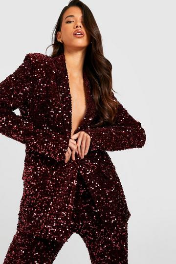 Tall Sequin Velvet Belted Blazer berry