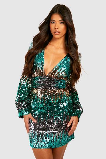 Tall Ombre Stripe Sequin Plunge Dress turquoise