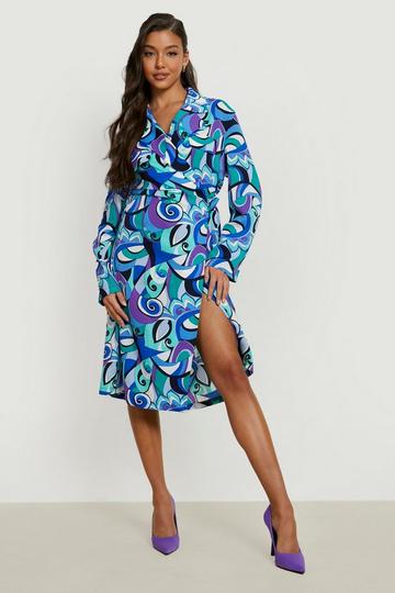 Abstract Wrap Belted Shirt Dress blue