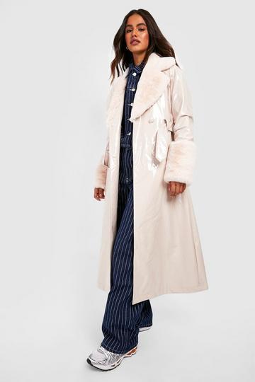 Faux Fur Trim Vinyl Jacket stone