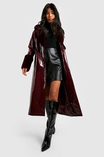 Faux Fur Trim Vinyl Jacket maroon