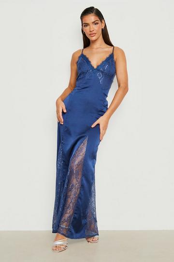 Navy Satin Lace Mix Godet Maxi Dress
