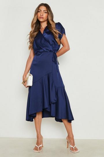 Satin Wrap Ruffle Midi Dress navy