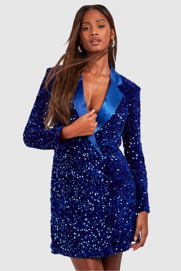 Velvet Sequin Wrap Blazer Party Dress cobalt
