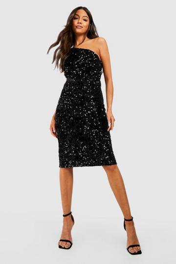 Velvet Sequin Asymmetric Belted Midi Party Dress black