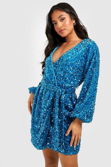 Petite Velvet Sequin Volume Sleeve Wrap Dress green