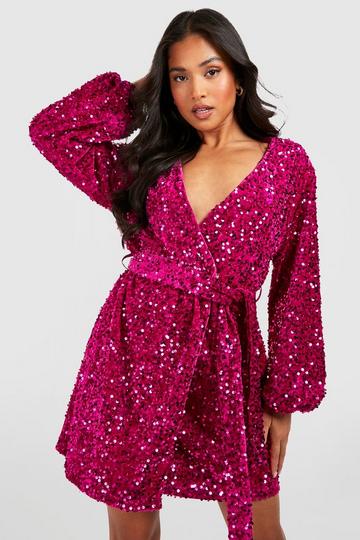 Petite Velvet Sequin Puff Sleeve Wrap Dress hot pink