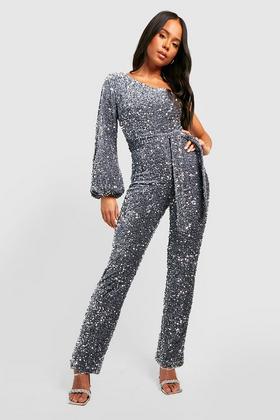 Women's Petite Sequin Flared Sleeve Wide Leg Jumpsuit