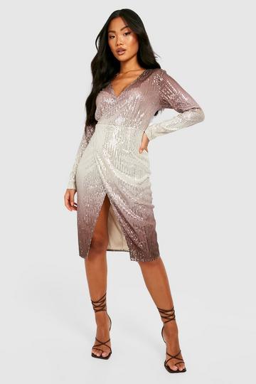 Petite Ombre Sequin Wrap Midi Dress chocolate