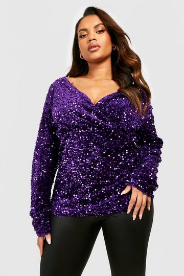 Plus Velvet Sequin Off Shoulder Top purple