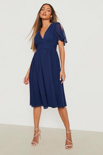 Navy Chiffon Angel Sleeve Midi Dress