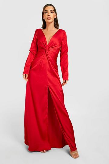 Red Satin Twist Detail Split Maxi Dress