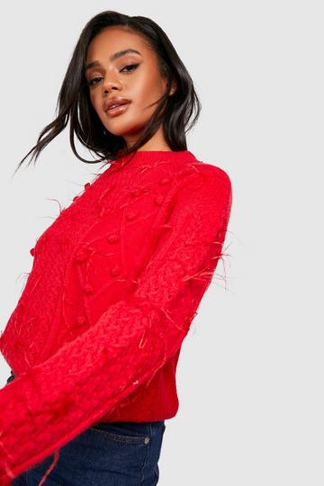 All Over Feather Trim Crop Jumper red