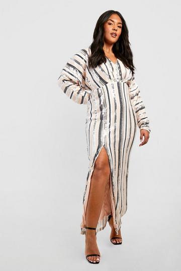 Plus Sequin Stripe Split Maxi Dress nude
