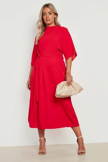 Red Plus Textured Knot Front Cowl Neck Midi Dress