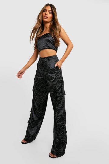 Diamante Satin Wide Leg Cargo Trouser black