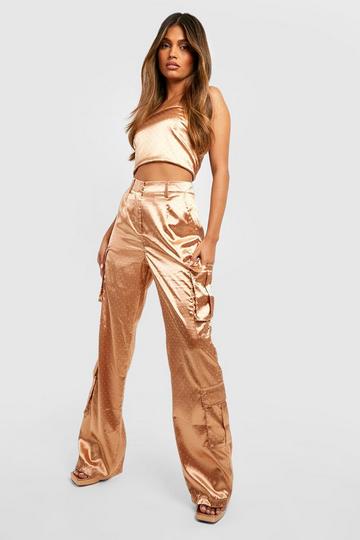 Gold Metallic Rhinestone Satin Wide Leg Cargo Pants