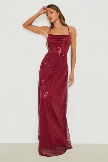 Sequin Cowl Strappy Maxi Dress berry