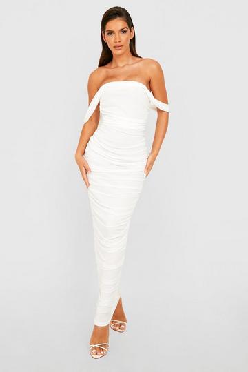 Ruched Mesh Draped Off The Shoulder Maxi Dress ivory