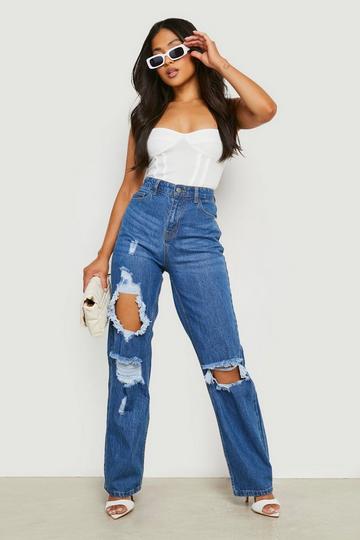 Petite 90's Straight Leg Ripped Jeans mid blue