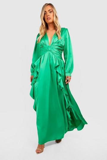Plus Satin Ruffle Plunge Maxi Dress emerald