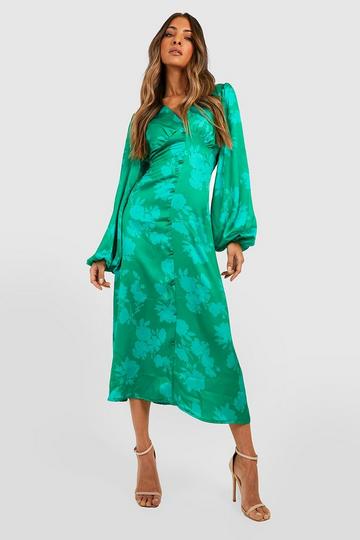 Green Floral Printed Satin Plunge Midi Dress