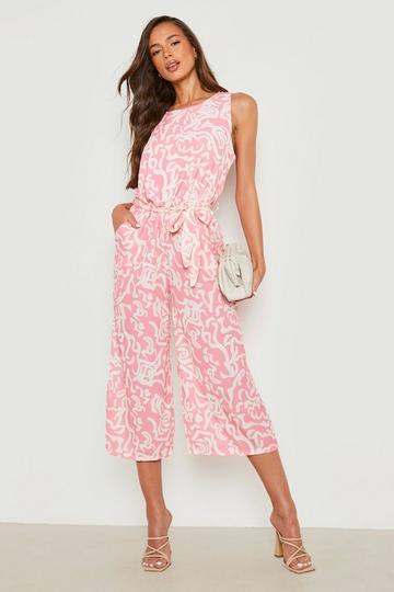 Pink Abstract Print Sleeveless Culotte Jumpsuit
