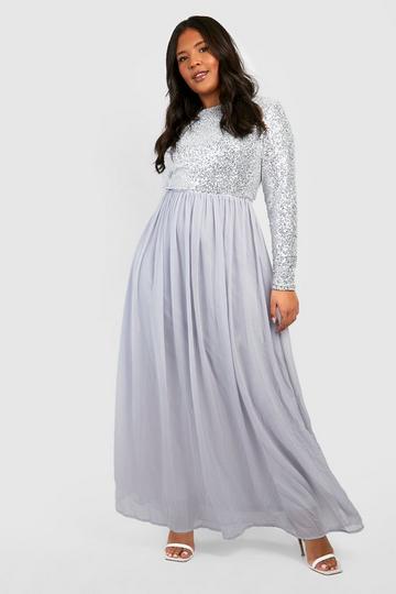Plus Occasion Sequin Long Sleeve Maxi Dress silver