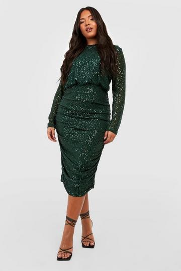 Plus Sequin Ruched Drape Midi Dress emerald