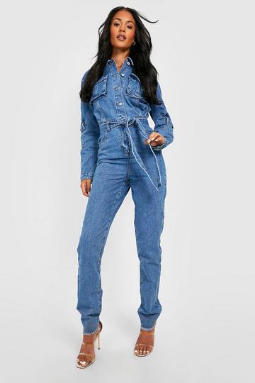 Tall Belted Tapered Cargo Denim Boilersuit mid wash