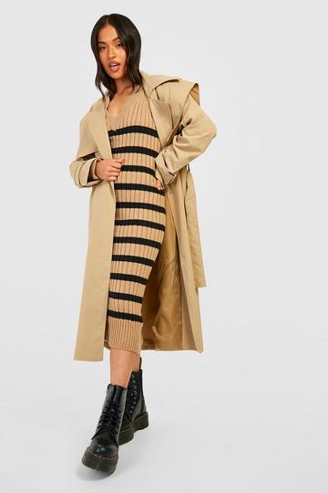 Petite Striped V Neck Jumper Dress beige
