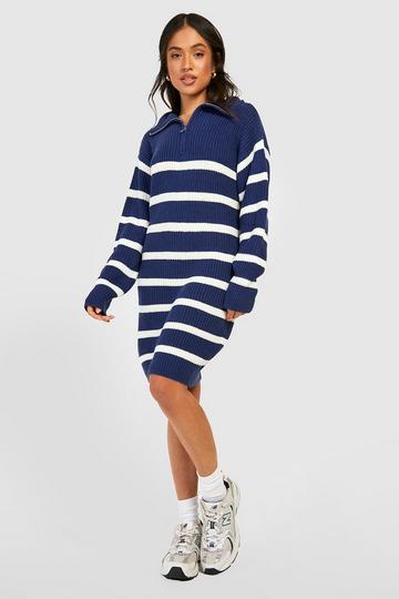 Petite Half Zip Striped Jumper Dress navy