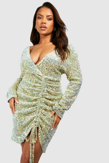 Green Plus Velvet Sequin Ruched Mini Dress