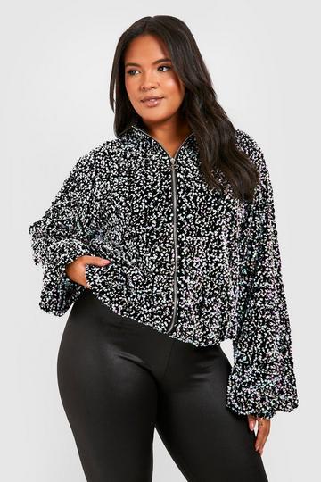 Plus Velvet Sequin Bomber Jacket silver