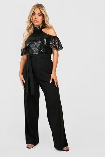 Plus Sequin Cold Shoulder Jumpsuit black