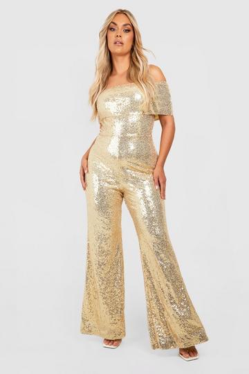 Gold Metallic Plus Bardot Sequin Jumpsuit