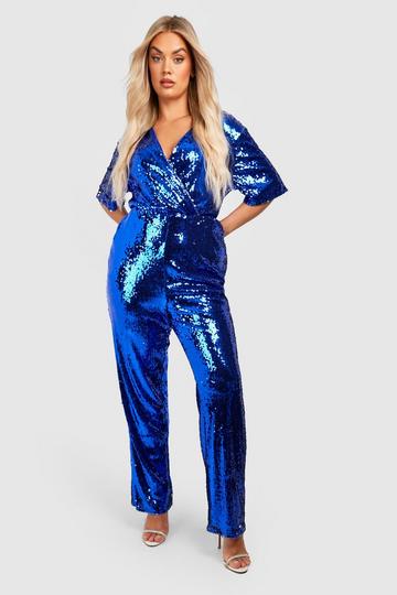 Plus Sequin Wrap Front Jumpsuit cobalt