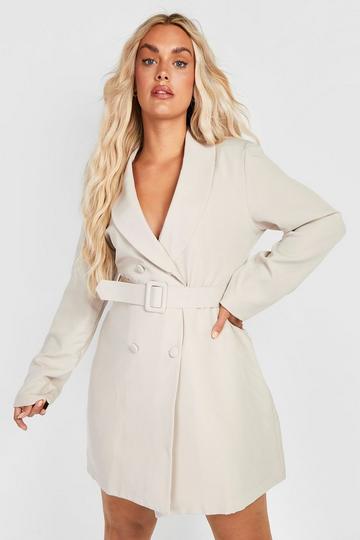 Plus Double Breasted Belted Blazer Dress stone