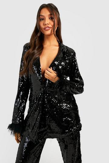 Sequin Feather Trim Tailored Blazer black