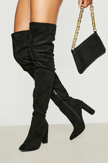 Black Thigh High Block Heel Pointed Boot