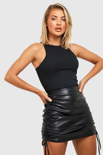 Black Side Ruched Faux Leather Mini Skirt