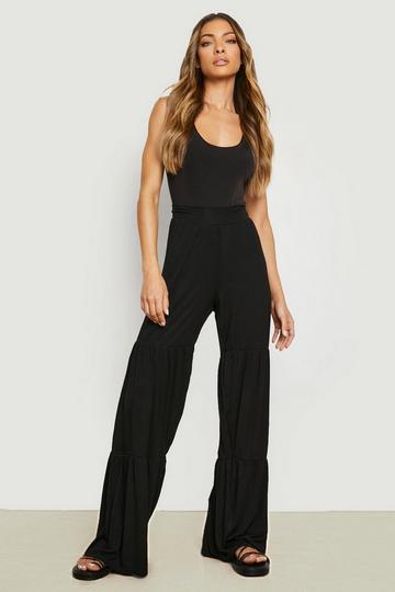 Black Jersey Knit High Waisted Tiered Wide Leg Pants
