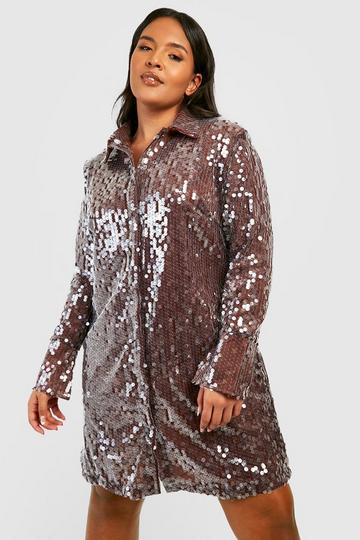 Plus Sequin Cuff Power Shoulder Shirt Dress chocolate